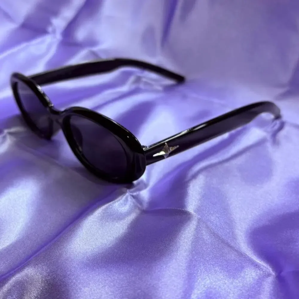 Black oval sunglasses with silver star detail y2k cybergoth cybercore whimsigoth